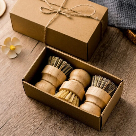 Natural Wood and Bristle Cleaning Brush Set, Set of 3