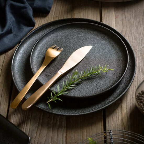 Moonstone Black Ceramic Dinner Plates, Set of 4
