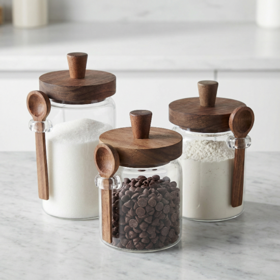 Airtight Glass Jars with Acacia Lid and Spoon